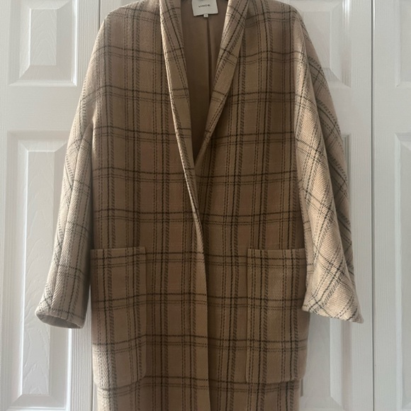 Vince Plaid Wool Blend Collarless Long Coat - Picture 3 of 5